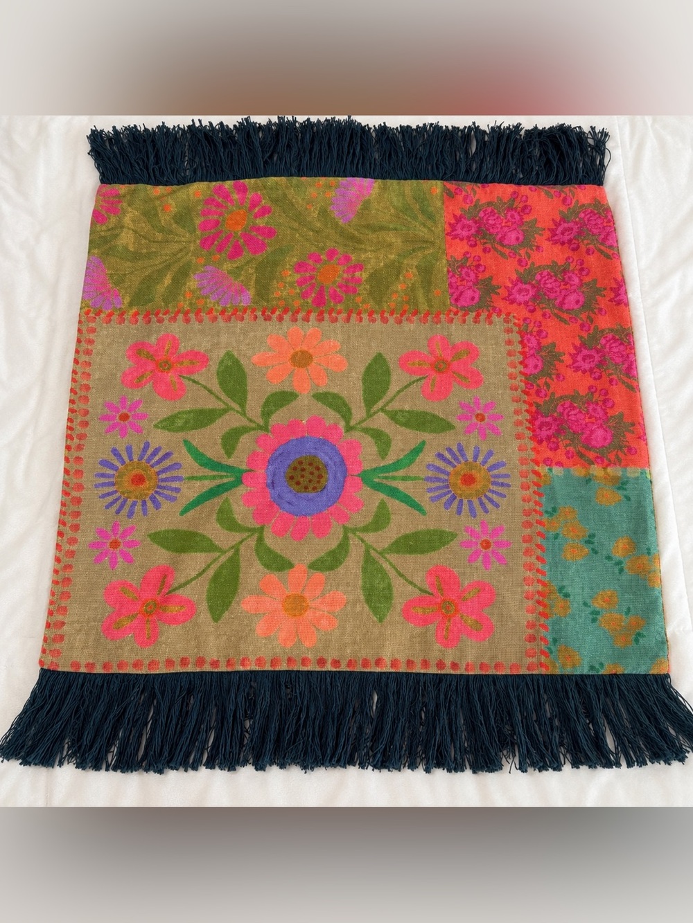 NATURAL LIFE Boho Floral Fringe Pillow Cover 26x26 Cotton Folk Art Cottagecore